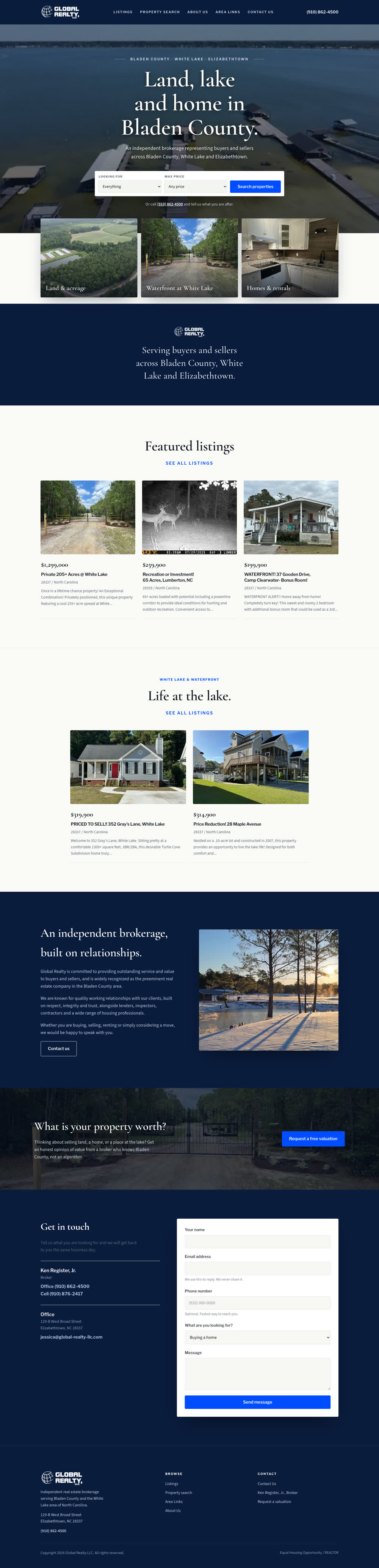 Global Realty website redesign, full page: property search over a drone photo of White Lake, featured listings, and contact